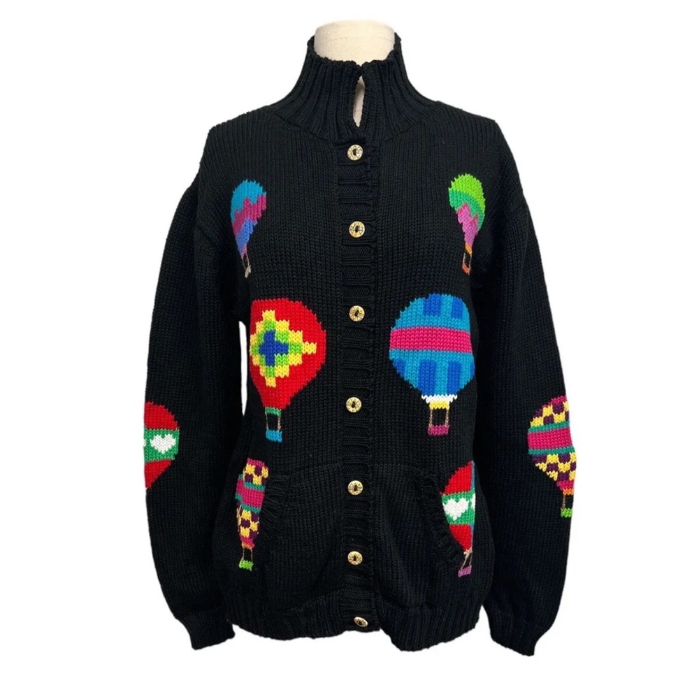 Cotton Salsa Black Red Green Blue Hot Air Balloon Hand knit Sweater
